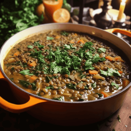 Lentil Soup with Kale in a vintage pot