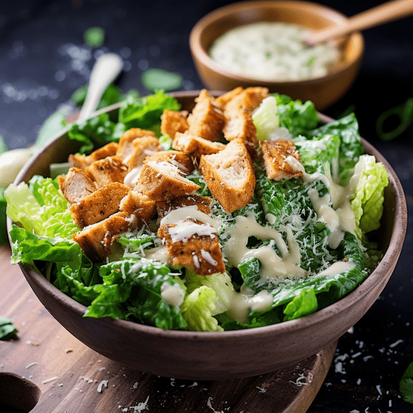 Vegan Chicken Caesar Salad in a Bowl with supplement sauce in an extra bowl