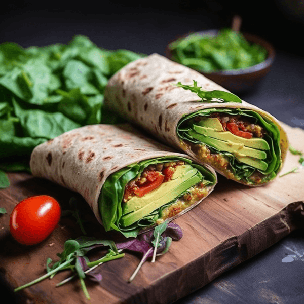 Vegan Turkey and Spinach Wrap cut in half on a wooden plate